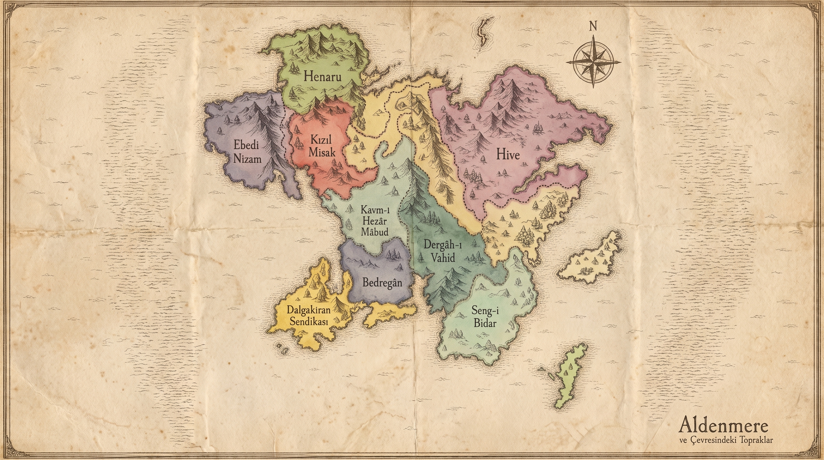 Map of the island of Aldenmere and the surrounding lands, showing the nine realms