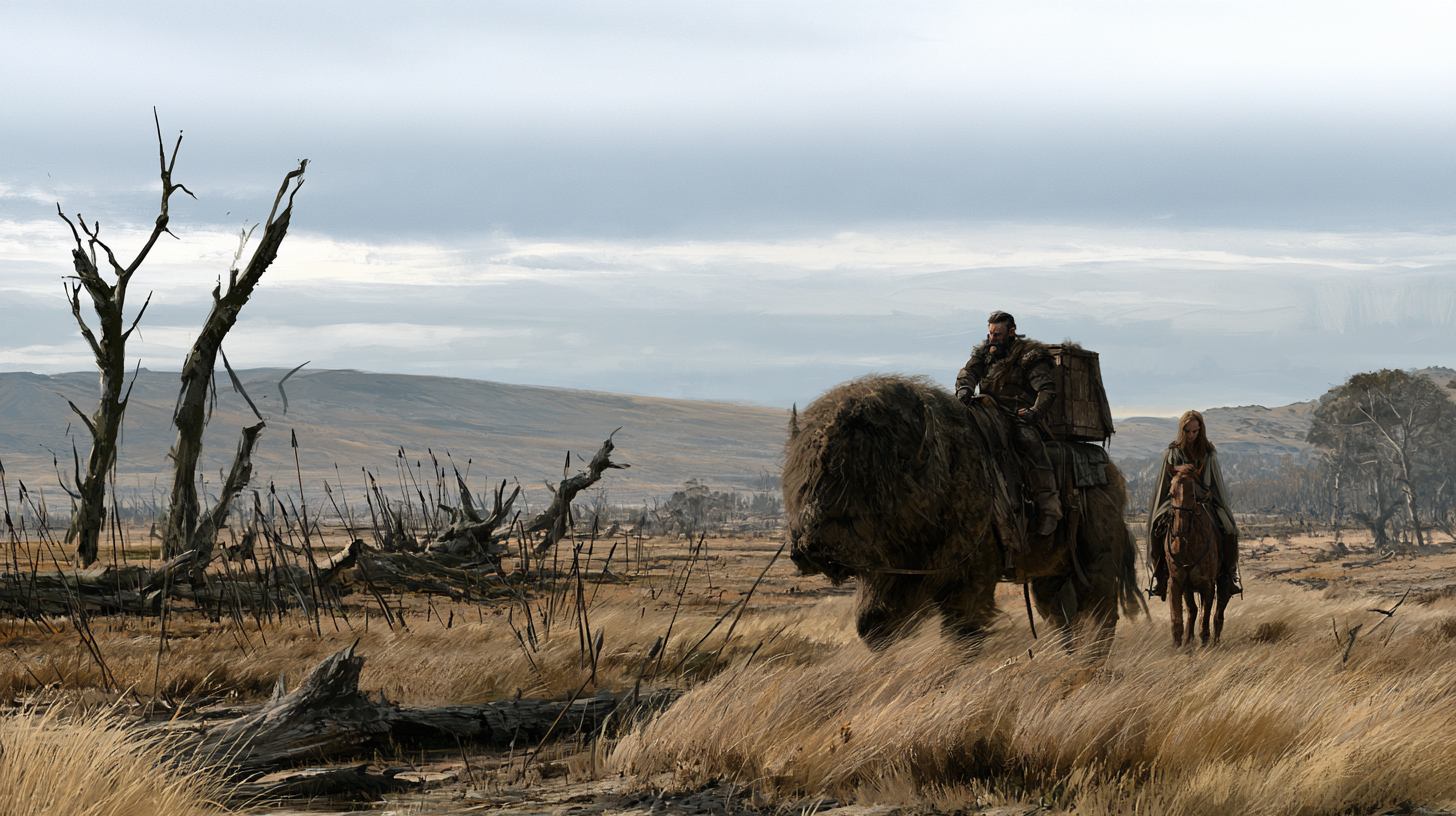 A rider on a great shaggy beast crossing dry plains