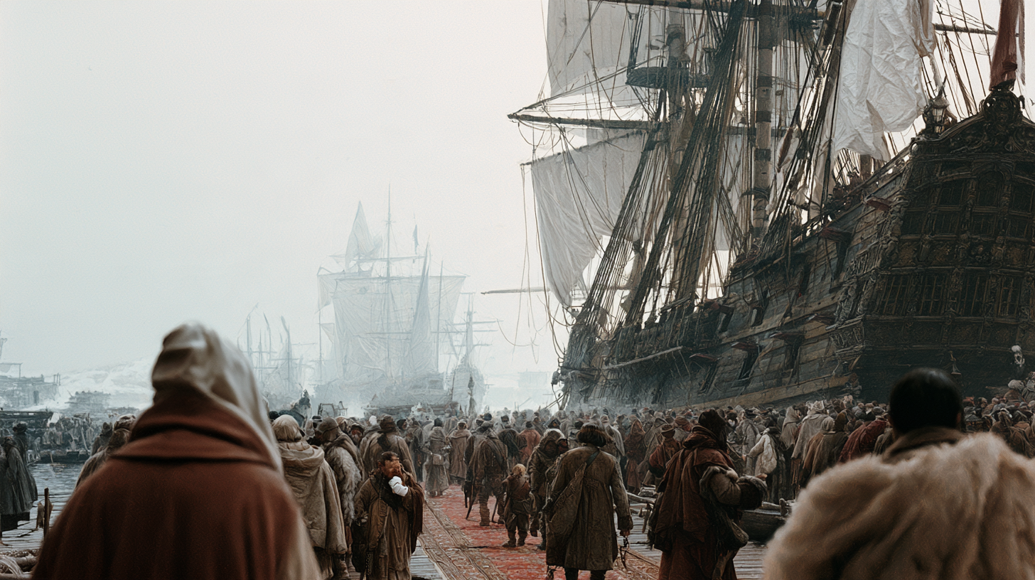 A crowded pilgrim harbour with a towering galleon