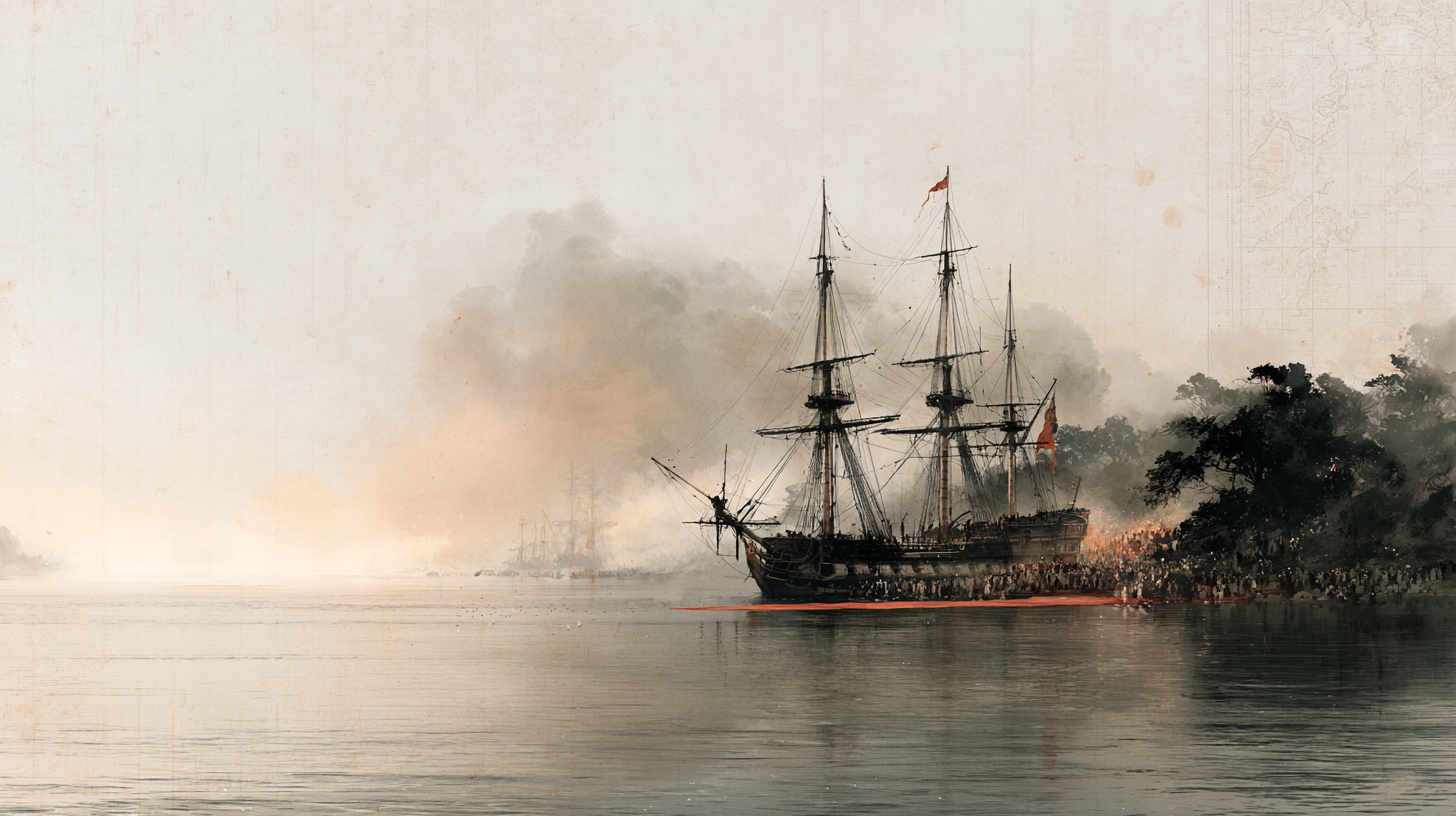 A three-masted ship firing a broadside in smoke
