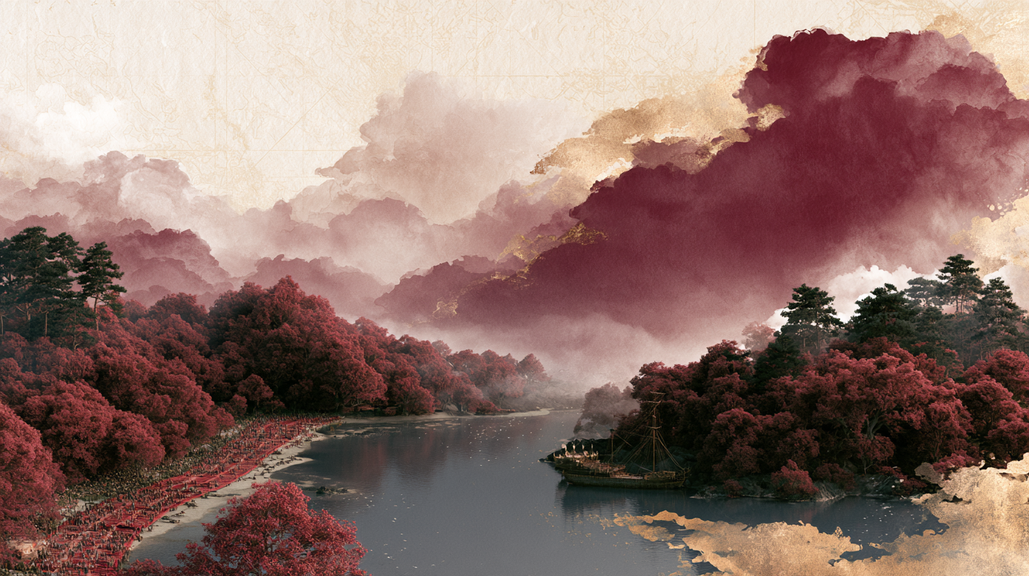 Ink-wash river valley under crimson forests