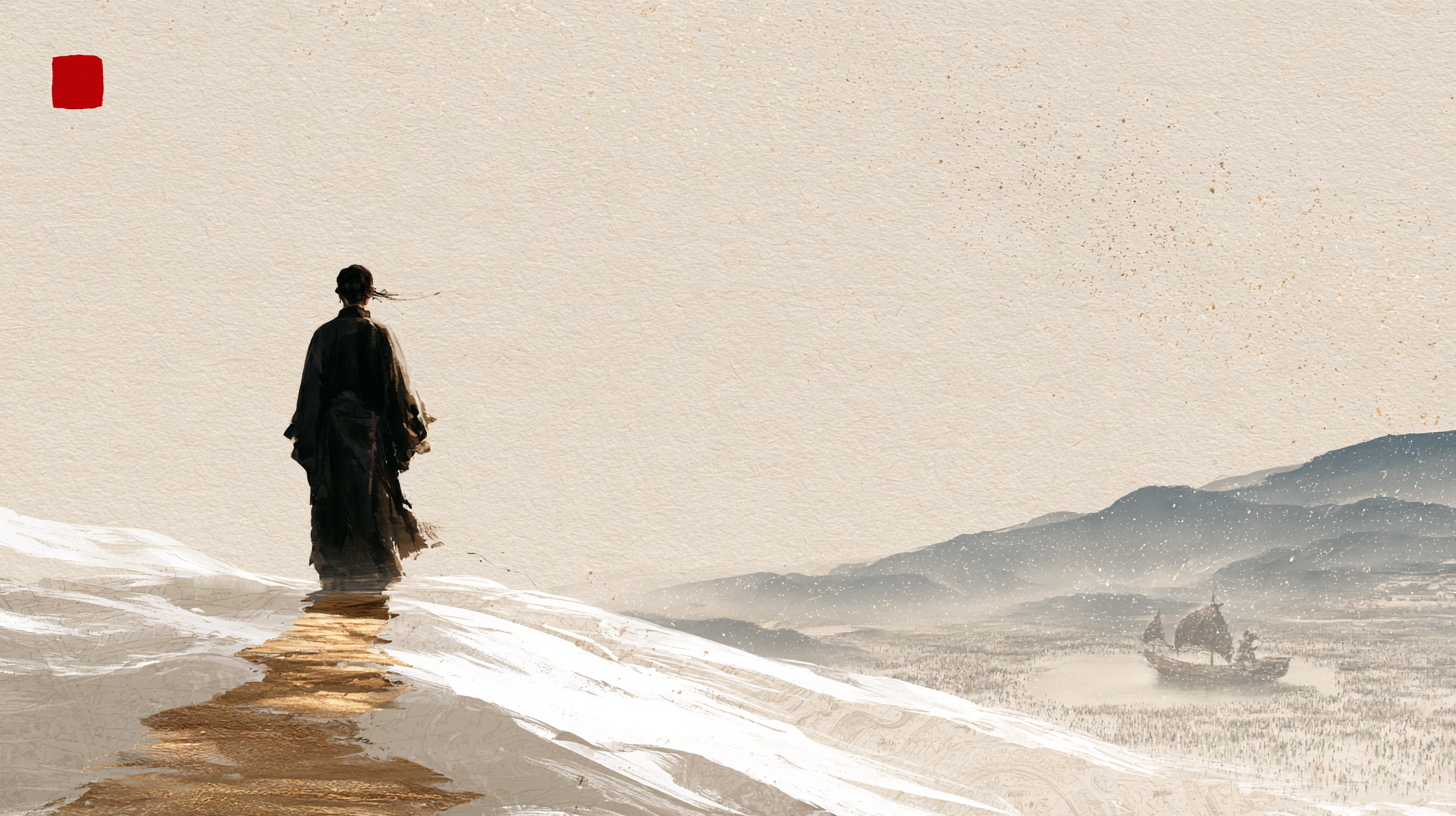 A lone wanderer on a snowy ridge above a misty plain