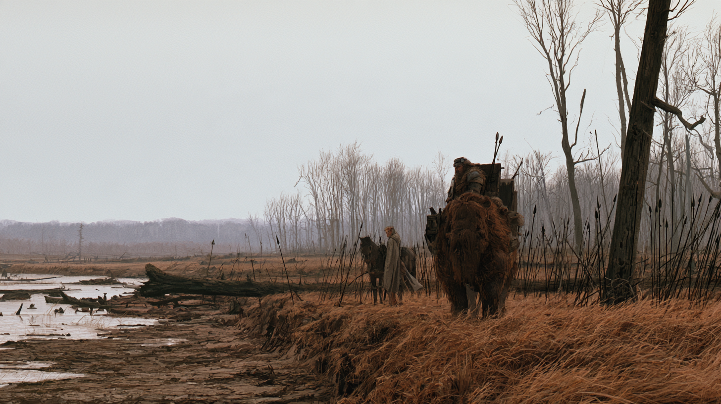 A rider and a great beast pausing at the edge of a marsh
