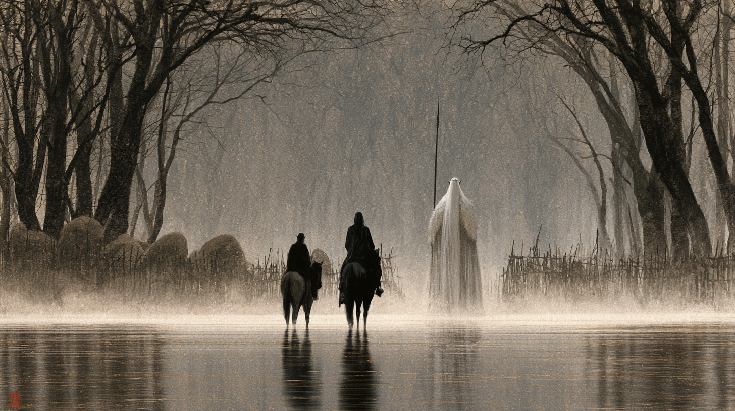 Two riders meeting a veiled figure in a misty flooded forest
